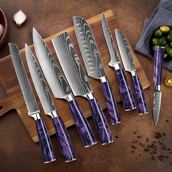 SENKEN 16-Piece Knife Block Set - Japanese High Carbon Stainless Steel with Damascus Pattern, Purple Resin Handles, 6 Steak Knives & Acacia Hardwood Block (Purple)4