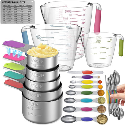 Measuring Cups and Spoons Set for Cooking & Baking, 5 Stainless Steel Magnetic Measuring Cups, 3 Plastic Measuring Cup, 7 Magnetic Measuring Spoons, 1 Leveler, 1 Measuring Conversion Chart1