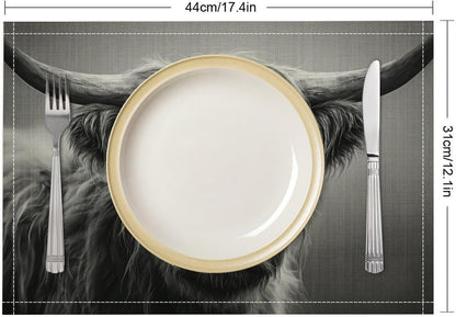 Highland Cattle Placemats Set of 4, Farm Rustic Black White Animals Western Rustic Art Printed Dining Table Mats for Party Restaurant Home Kitchen Holiday Decor 18X12 Inch3