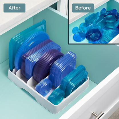 Storalid Food Container Lid Organizer for Kitchen Cabinet Storage with 5 Adjustable Dividers, 10.5''D × 13.4''W × 3.3''H, Large Classic Edition, White6