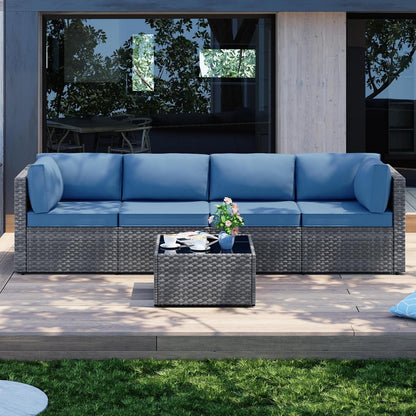 Patio Furniture Sets, 5 Piece Outdoor Sectional Sofas, Wicker Rattan Outdoor Furniture Patio Conversation Set, All-Weather PE Rattan Outdoor Couch for Backyard, Garden, Gray & Aegean Blue3