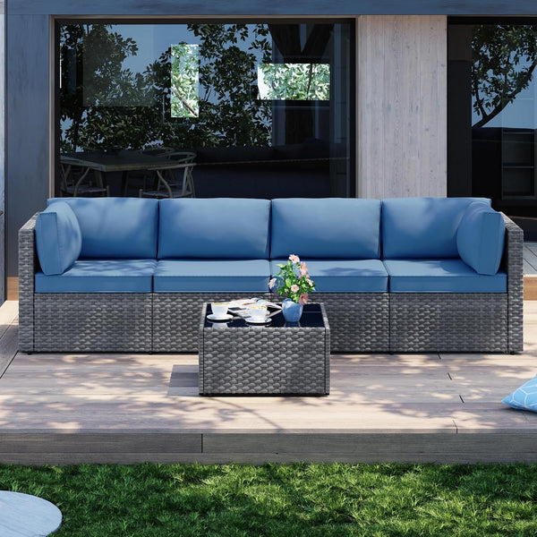 Patio Furniture Sets, 5 Piece Outdoor Sectional Sofas, Wicker Rattan Outdoor Furniture Patio Conversation Set, All-Weather PE Rattan Outdoor Couch for Backyard, Garden, Gray & Aegean Blue3