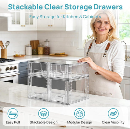 Clear Stackable Storage Drawers, 4 Pack Kitchen Cabinet Set3