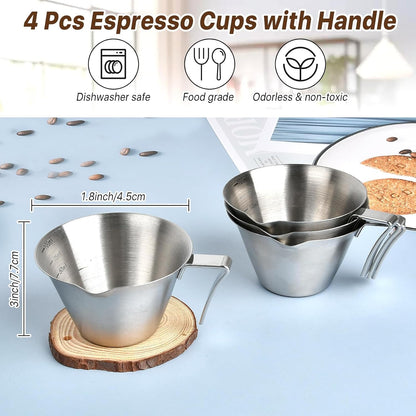4 Pack Espresso Shot Cups with Handle Espresso Measuring Cup Dishwasher Safe Stainless Steel Pouring Cup for Tomato Sauce|Steak Sauce|Dessert|Beverage (Matte Glossy)3
