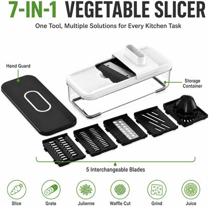 7-In-1 Mandoline Vegetable Slicer, Multi-Purpose Food Chopper & Grater with 5 Interchangeable Blades, Adjustable Julienne Cutter with Container & Safety Guard, Kitchen Gadget for Meal Prep5