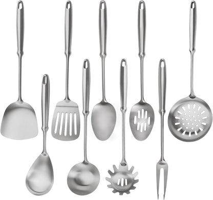 304 Stainless Steel Cooking Utensils Set, 9 PCS Metal Stainless Steel Kitchen Utensils Set, Serving Spoon, Spaghetti Spoon, Skimmer, Meat Fork Etc (Dishwasher Safe)1