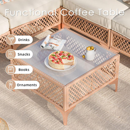 Patio Conversation Sets, 7 Piece Outdoor Furniture Set with Thick Cushions, Wicker Sectional Sofa Set with Coffee Table for Backyard, Poolside, Garden (Beige)7