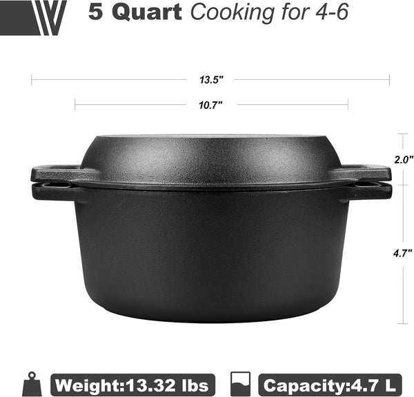 Pre-Seasoned Cast Iron Double Dutch Oven Pot with Skillet Lid, Dual-Handle, for Bread Baking, Outdoor, Campfire Cooking, 5 Quart3