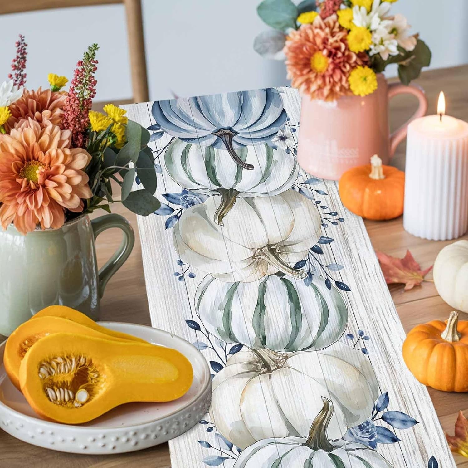 fall-table-runner-blue-pumpkin-table-runners-harvest-thanksgiving-white-blue-pumpkins-wooden-cotton-linen-dresser-scarf-kitchen-dining-table-decor-for-autumn-holiday-party-coffee-13x120-inch