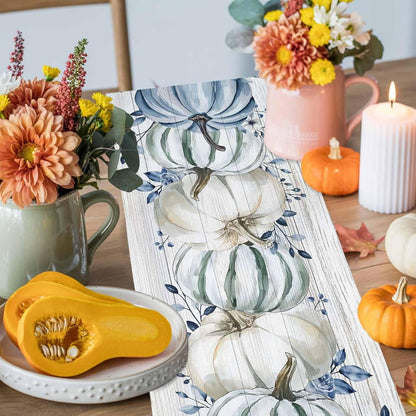 Fall Table Runner Blue Pumpkin Table Runners Harvest Thanksgiving White Blue Pumpkins Wooden Cotton Linen Dresser Scarf Kitchen Dining Table Decor for Autumn Holiday Party Coffee 13X120 Inch9