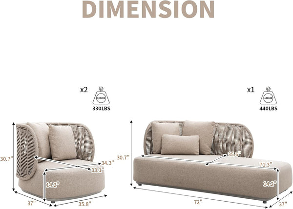 3 Pieces Outdoor Patio Furniture Set Modern Conversation Sofa Set Beige3