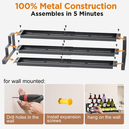 3-Tier Spice Rack Organizer for Kitchen Cabinet or Pantry, 16"-29" Expandable Spice Organization Shelf, Seasoning Organizer, Metal Display Shelf, Slip-Resistant Design for Jars and Bottles, Black7
