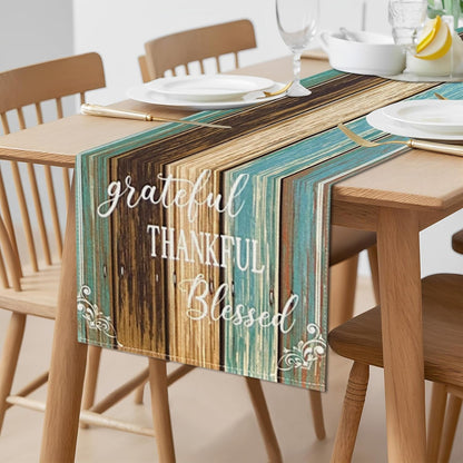 Blue Teal Table Runners 90 Inches Long Farmhouse Grateful Thanksgiving1