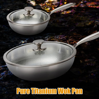 Titanium Hammered Wok Pan with Lid, Pure Titanium Pans for Cooking, No Coating Non-Stick Flat Bottom Wok, Ultra-Durable, Scratch-Resistant, Compatible with All Cooktops,12.6In8