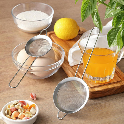 2 Pack Fine Mesh Strainers, Mini Stainless Steel Strainer with Handle for Kitchen, Metal Sieve Sifters for Straining Tea, Matcha, Cocktail, Juice and Coffee (8.6In 7.5In)7
