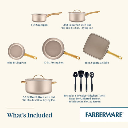 Radiant Nonstick Cookware/Pots and Pan Set with Lids and Prestige Kitchen Cooking Tools, Dishwasher Safe, 12 Piece, Champagne2