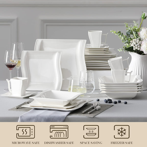 Ivory White Dinnerware Sets, 30-Piece Porcelain Plates and Bowls Sets, Modern Dish Set for 6, Square Plates Dinnerware Set Kitchen Dishware Sets, Microwave and Dishwasher Safe, Series Flora4