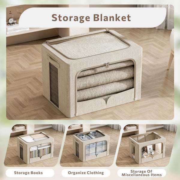 3 Pack Clothes Storage Bins Foldable Metal Frame Storage Box Stackable Linen Fabric Organizer Set with Carrying Handles and Clear Window (Beige, 15.7X11.8X11.8Inch(36L))2