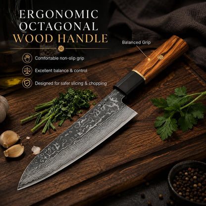 8 Inch Damascus Chef Knife | 67 Layer VG10 Japanese Kitchen Knife | Razor Sharp High Carbon Steel Blade | Octagonal Ebony Wood Handle | Professional Cooking Knife for Meat Vegetables Fish5