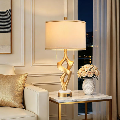 Gold Table Lamps for Living Room Set of 2, Modern Nightstand Lamps with Marble Base & Charging Ports, Rustic Resin Table Lamp for Bedrooms with Pull Chains Switch, 4 X Bulbs Included, 26"7