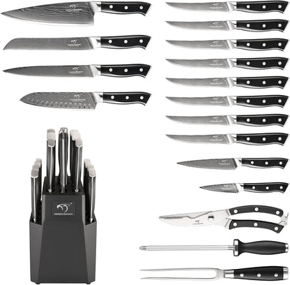 18PCS Damascus Knife Set with Steak Knives & Block | Japanese 67-Layer 10Cr15Comov (VG10 Equivalent) Steel Core, 60±2 HRC Edge, Ergonomic Handle, Kitchen Shears, Sharpener2