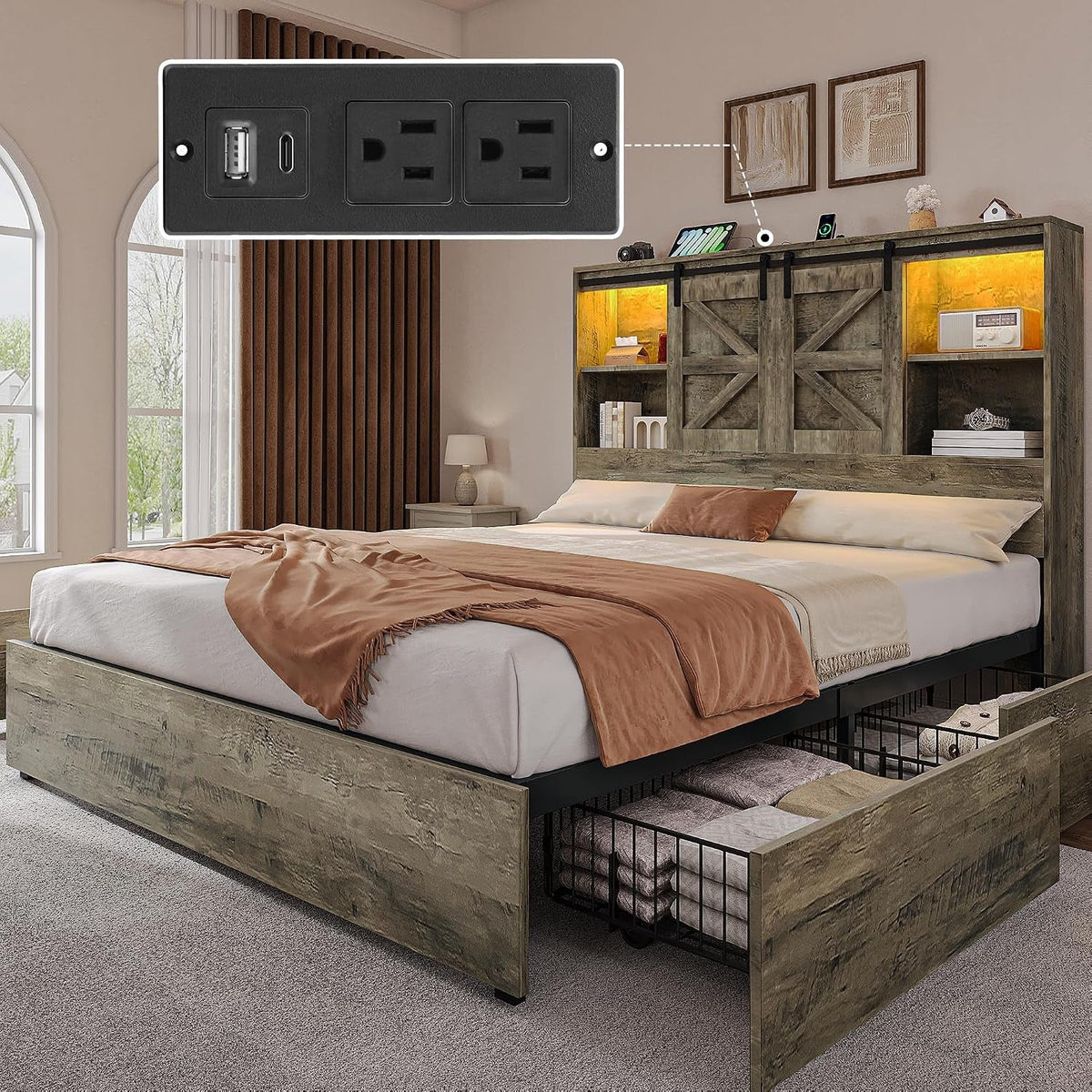 farmhouse-queen-size-bed-with-50-tall-storage-bookcase-headboard