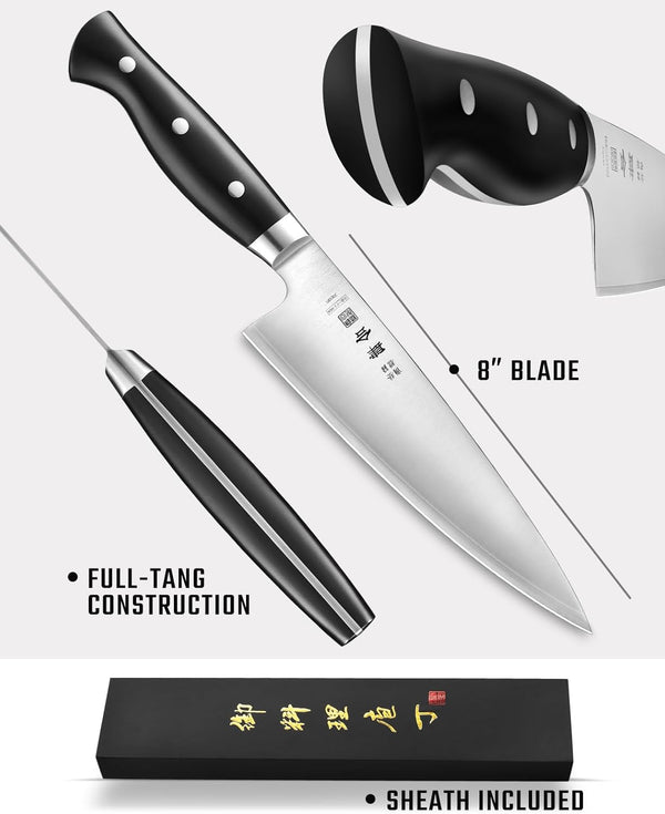 8 Inch Chef Knife, Kitchen Knife with 440A Alloy Steel, Japanese Chefs Knife with Gift Box and Full-Tang Black POM Handle4
