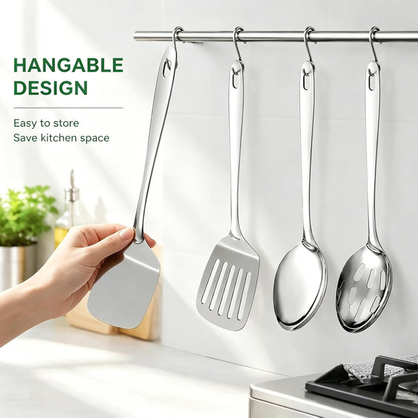 Stainless Steel Spatula Spoon Set, 4PCS Large Cooking Utensils Set with Thickened Edge, Heat Resistant Cooking Spatula Set, Metal Solid and Slotted Turners, Serving Spoon4
