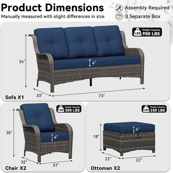 5 Piece Outdoor Wicker Patio Furniture Set, Patio Chairs Set with Thickened Olefin Cushions, High Back and Deep Seating, Hand-Woven PE Rattan, Ottoman for Porch, Deck2