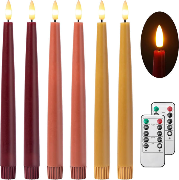 Fall Flameless Taper Candles with Remote and Timer, 9.65 Inch Real Wax LED Candlesticks, Battery Operated Thanksgiving Candles with 3D Flickering Flame, Bordeaux, Terra Cotta & Caramel, 6 Pack1