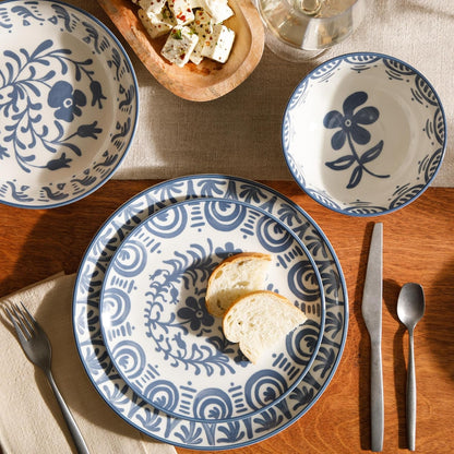 Bloomhouse - 2-Time Oprah’S Favorite Things - Valencia Flor 16 Piece Dinnerware Set, Artisanal Decorated Stoneware Plates & Bowls, Service for 4, Microwave & Dishwasher Safe, Iris Blue3