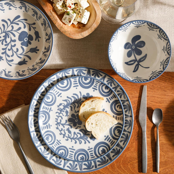 Bloomhouse - 2-Time Oprah’S Favorite Things - Valencia Flor 16 Piece Dinnerware Set, Artisanal Decorated Stoneware Plates & Bowls, Service for 4, Microwave & Dishwasher Safe, Iris Blue3