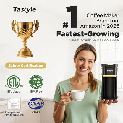 Mini Single Serve Coffee Maker for K Cups and Grounds with Handle | for Travel, Camping, Office, RV and Dorm, Portable Handle, 120V, 6 to 12 Oz Brew Size, BPA Free, K302, Black and Gold3