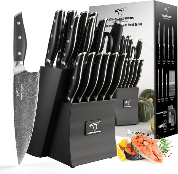 Damascus Knife Set with Block, 16-Piece VG10 67-Layer Steel Kitchen Knives | 16-Piece Premium Damascus Kitchen Knife Set with VG10 Steel Core, 67 Layers, Wood Block, and Triple-Rivet Handles1