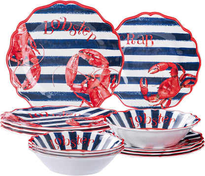 Lobster and Crab Melamine Dinnerware Set,12-Piece Scalloped Plates and Bowls Set for 4,Coastal Nautical Design,Unbreakable Lightweight,Dishwasher Safe BPA Free,For Kitchen Outdoor Camping RV1