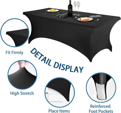 6FT Black Table Cloth - 2 Pack Fitted Stretch Rectangle Spandex Tablecloth, Washable Table Cover for Party, Picnic, Wedding, Banquet, Birthday and Festival(30" X 72")5