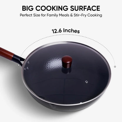 12.6 Inch Carbon Steel Wok Pan with Glass Cover, Pre-Seasoned Flat Bottom Wok for Chinese Cooking, Woks & Stir-Fry Pans Cookware, Compatible with Induction, Electric, Gas & Halogen2