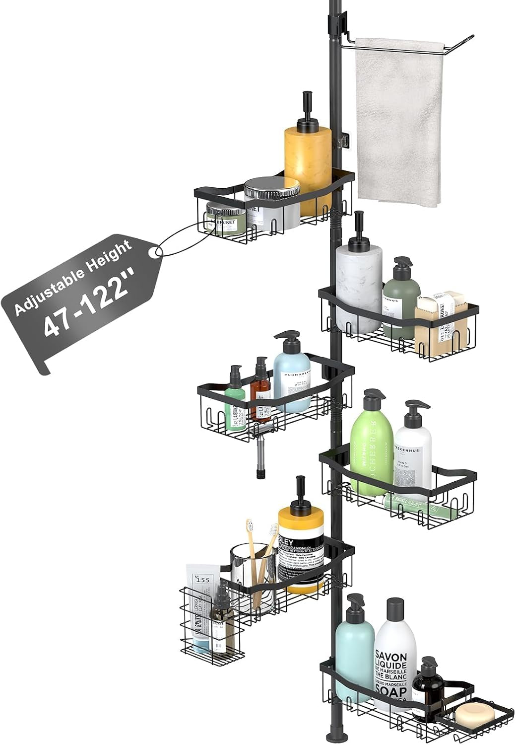shower-caddy-corner-6-tier-tension-pole-rod-bathroom-organizer-shelves-adjustable-bathtub-shampoo-stand-rack-with-towel-rack-2-holders-for-inside-shower-storage-47-122-inch-black