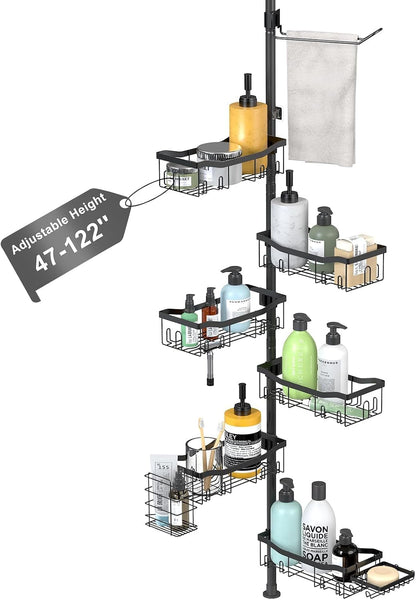 Shower Caddy Corner, 6 Tier Tension Pole Rod Bathroom Organizer Shelves, Adjustable Bathtub Shampoo Stand Rack with Towel Rack 2 Holders for inside Shower Storage, 47-122 Inch, Black1