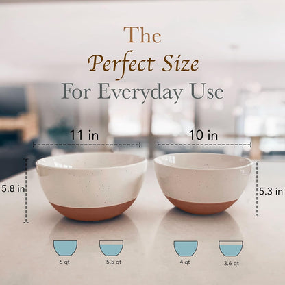Ceramic Large Mixing Bowls - Set of 2 Nesting Bowls for Cooking, Serving, Popcorn, Salad Etc - Microwavable Kitchen Stoneware, Oven, Microwave and Dishwasher Safe - Extra Big 5.5 & 3.6 Qt - White2