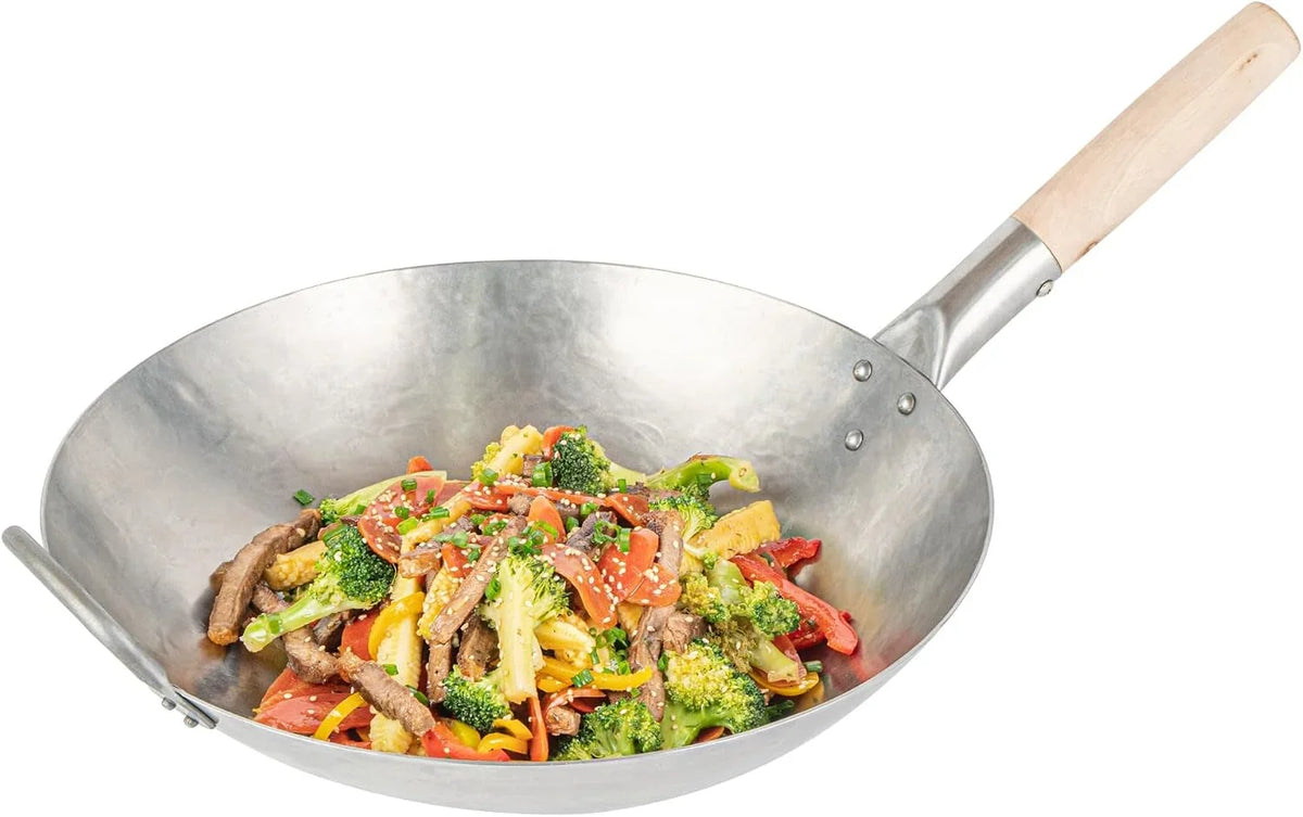carbon-steel-wok-1-pack-of-14-inch-heavy-duty-stir-fry-pan-silver-hand-hammered-wok-efficient-maneuvering-steel-helper-handle-uniform-heat-distribution-asian-cooking