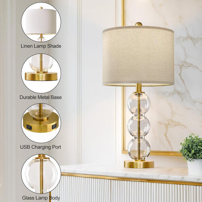 25" Glass Table Lamps Set of 2, Gold Modern Table Lamps with USB Ports for Living Room, Linen Shade Bedside Lamps for Bedroom, Nightstand, Side Table (Bulbs Not Included)5