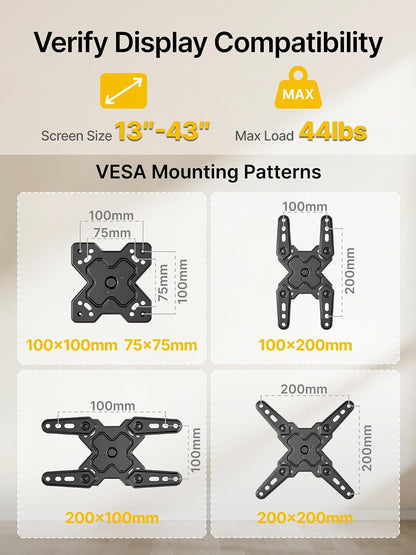 Full Motion Small TV Wall Mount for 13-43 Inch Tvs up to 44 Lb | ±90° Swivel, +5°/-15° Tilt, Landscape/Portrait Rotation; Extends 14.6 In, 4X Load Tested, VESA 200X200 Mm, Single-Stud Mount7