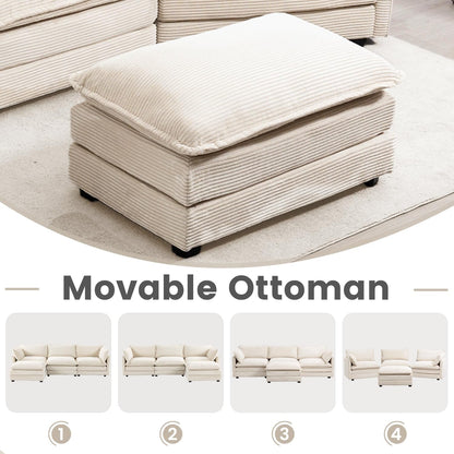112'' Modular Sectional Cloud Couch with Movable Ottoman, 4 Seat Modern Corduroy Sofa, Deep Seat L Shaped Couch for Living Room Bedroom Apartment, Beige7
