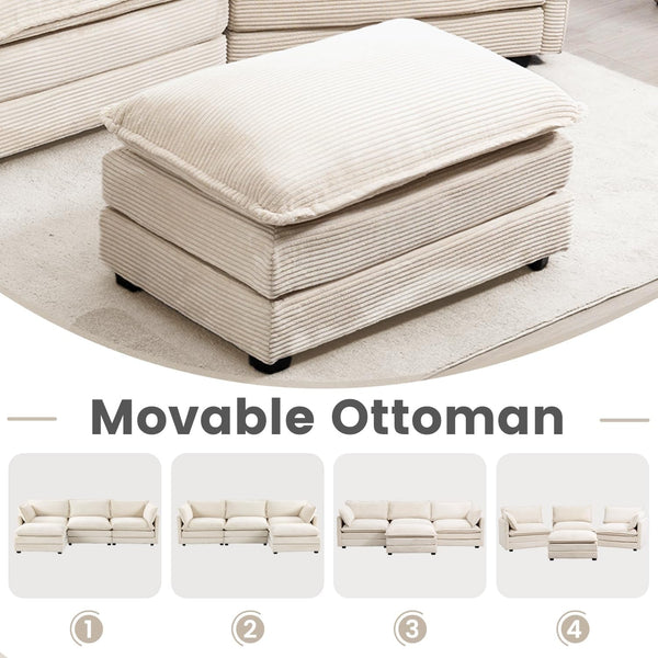 112'' Modular Sectional Cloud Couch with Movable Ottoman, 4 Seat Modern Corduroy Sofa, Deep Seat L Shaped Couch for Living Room Bedroom Apartment, Beige7
