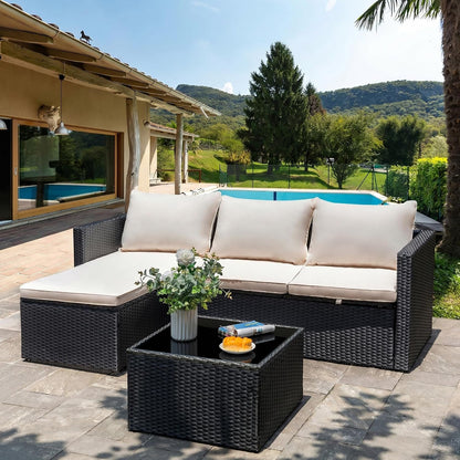 4 Pieces Patio Furniture Set, 2-In-1 Convertible Sectional Sofa & Chaise Lounge, All-Weather Wicker Rattan Sofa Couch with Cushions & Coffee Table for Yard, Garden, Porch, Poolside (Beige)9