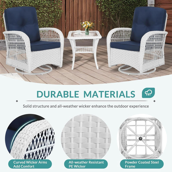 5 Pieces Outdoor Patio Rattan Furniture Sets, All Weather Patio Wicker Conversation Set - 2 Rocking Swivel Chairs 1 Rattan Loveseat Glider with Cushions, 2 Coffee Table, White Wicker/Navy4