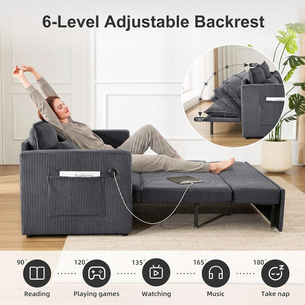 86” Extended Convertible Sofa Bed, Loveseat Sleep Sofa with USB Ports, Pull Out Couch with 6-Position Adjustable Backrest, Corduroy Couch Bed with Side Pockets for Living Room, Dark Grey4