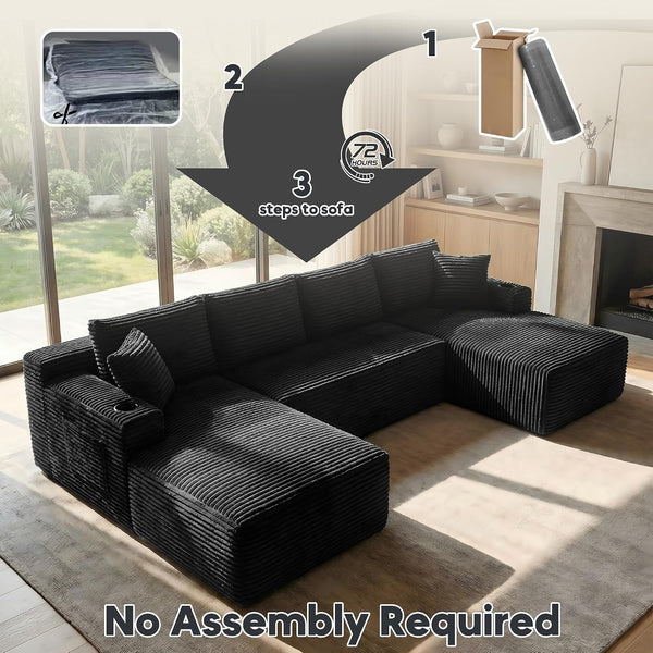 125" U-Shaped Modular Sectional Sofa, Corduroy Boneless Couch, Black6