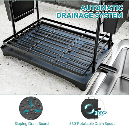 Dish Rack, Dish Drying Rack 2 Tier, Stainless Steel Dish Drainers with Utensil Holder and Drainboard for Kitchen Sink Organizers, 11.875" W X 16.625" D, Black7
